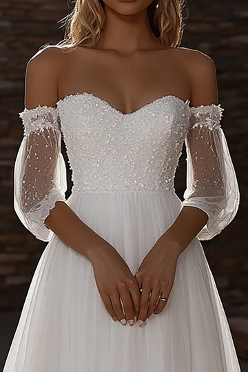 Sweetheart Une ligne Tulle Demi Illusion Manches Ivoire Robe de mariée